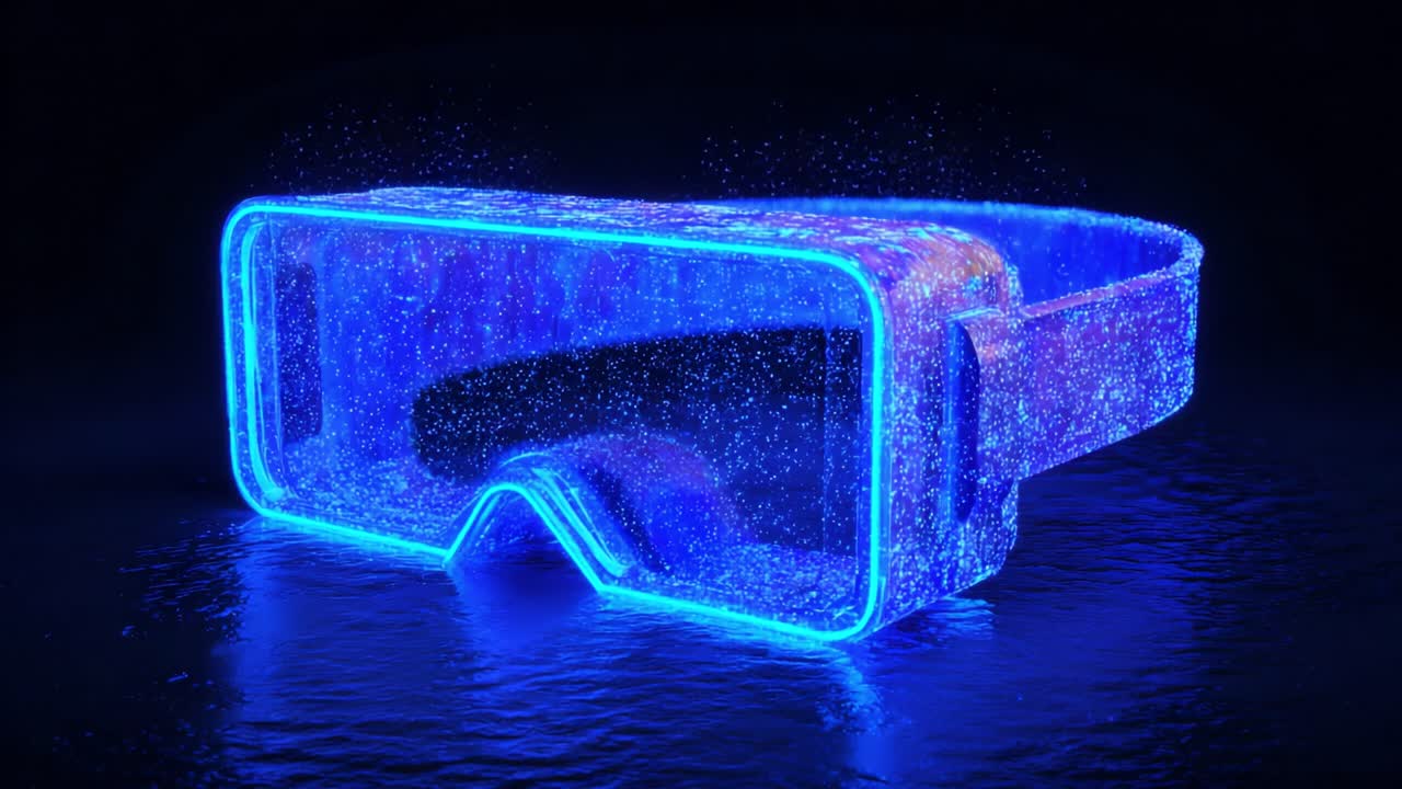 A captivating blue neon virtual reality headset rests on a shimmering surface, glowing with light in a darkened environment, showcasing its futuristic design amidst an atmospheric ambiance