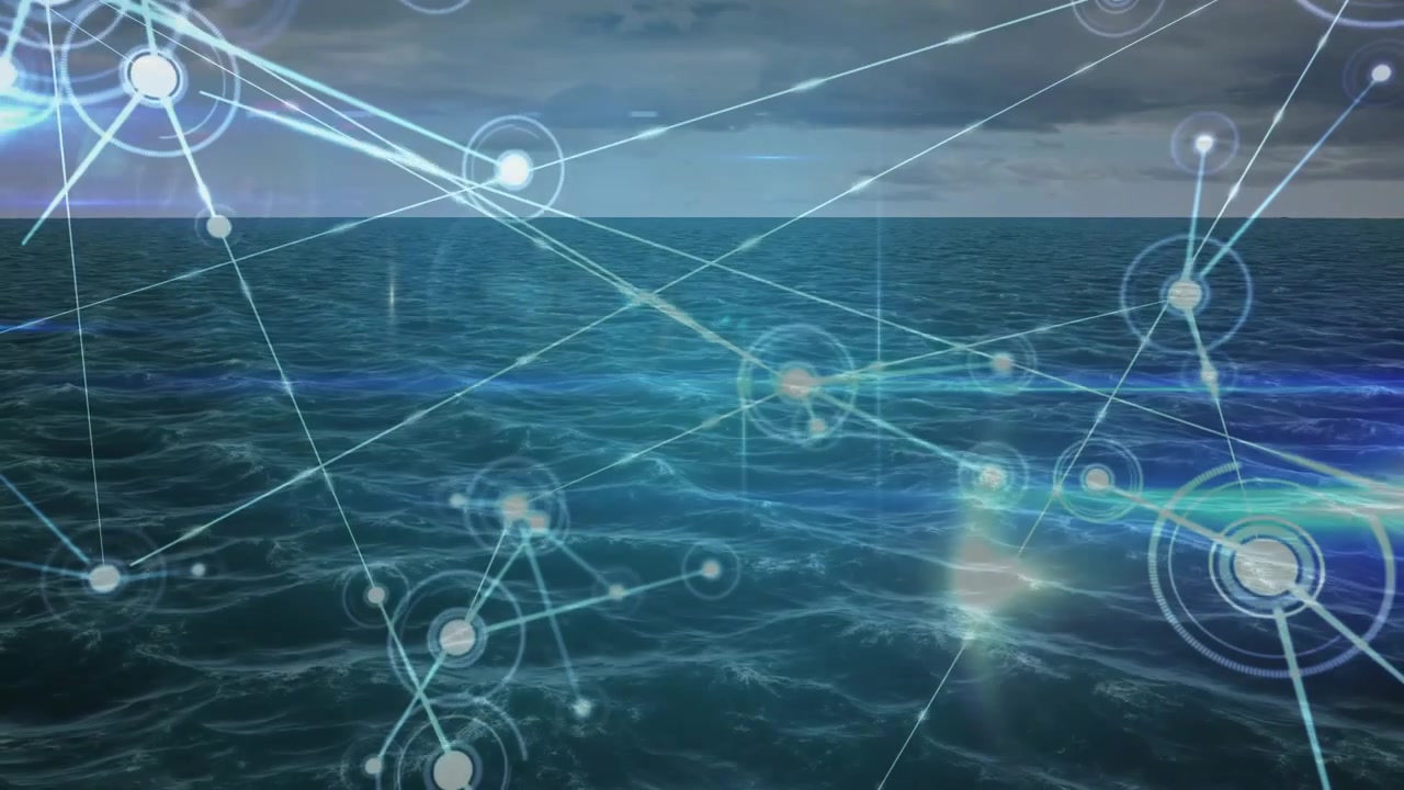 At 1s central node pulsing, emitting lines toward small nodes, showing network expansion over ocean