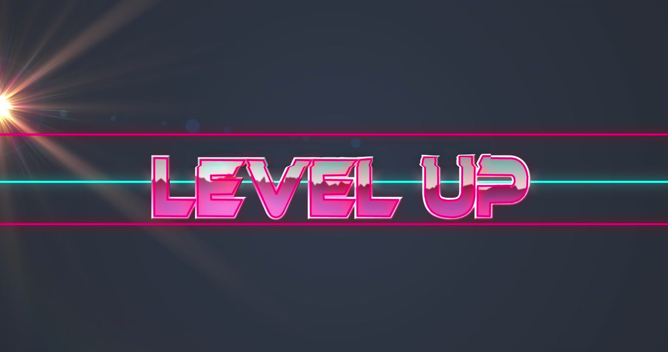 Animation of level up text over neon banner and light spot against grey background
