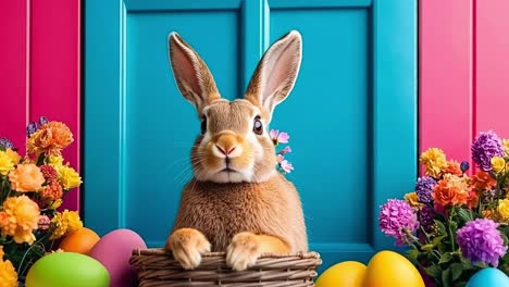 un conejo sentado en una canasta llena de huevos y flores de colores