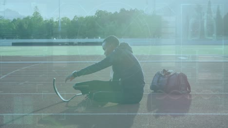 animation of data on digital screen over african american man with running blade stretching