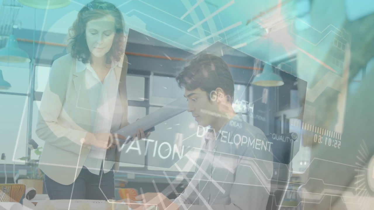 woman presenting blueprint in architecture office, overlay showing development growth data visuals