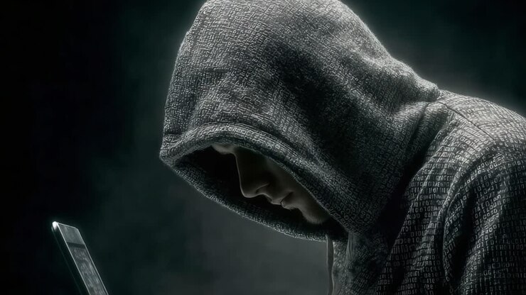 Una figura misteriosa con una felpa con cappuccio assorta in un laptop, che cattura l'essenza della concentrazione e dell'intrigo digitale nell'ombra.