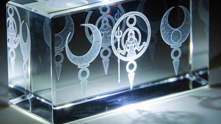 Shifting camera around crystal block, revealing etched crescents and robed emblem under light