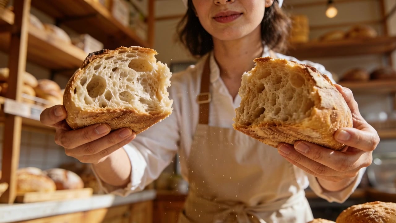Tearing adult woman baker presenting torn loaf halves behind counter, showing crumb texture to lens