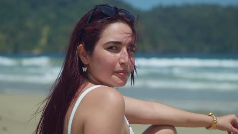 beautiful woman relaxing on tropical beach
