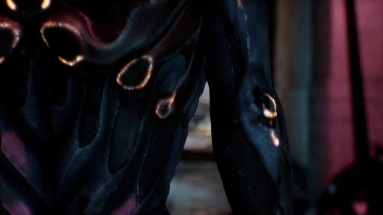 신비한 외계인 전사의 cgi 장면은 어두운 복도에 서서 문을 가로질러 고래의 지느러미를 바라보고 있습니다.