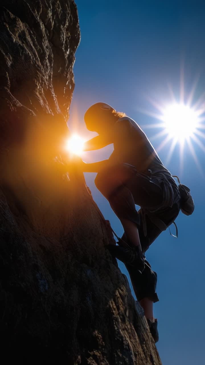 Un arrampicatore su roccia scala una ripida scogliera sotto la luce intensa del sole, mettendo in mostra la determinazione e l'abilità richieste per l'esplorazione avventurosa verticale nella natura.