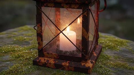 a rustic lantern illuminated by a warm candle flame, nestled over mossy stones in a serene outdoor setting, capturing the essence of tranquility and comfort