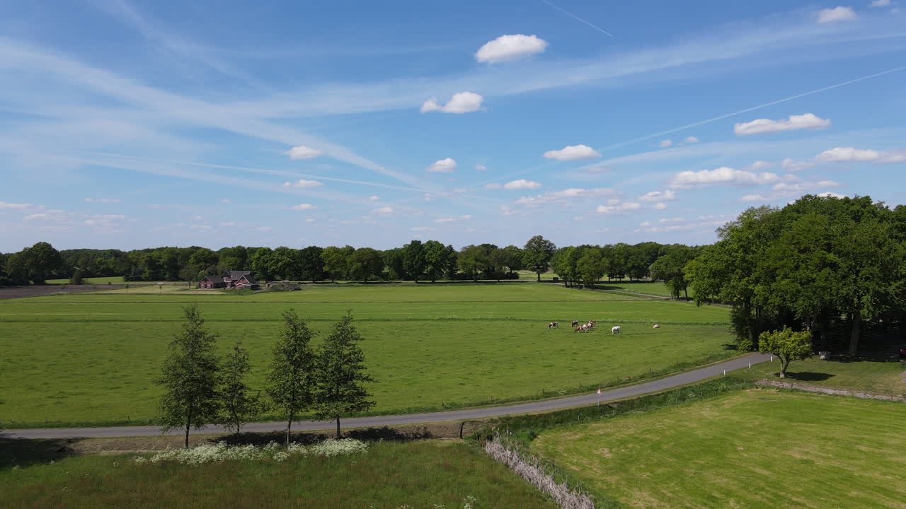 Drone shot of farmland with roads, fields and farms.