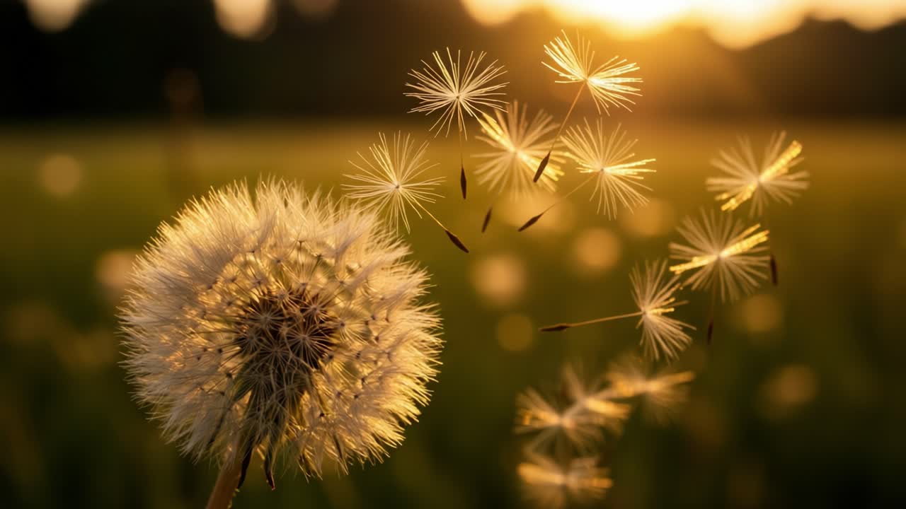 Glistening Dandelion Seeds Captured in the Golden Hour, with Soft Light Illuminating the Delicate Fluff as They Dance in the Gentle Breeze