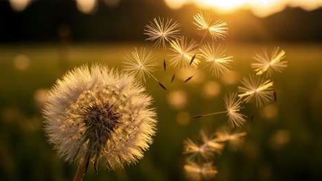 glistening dandelion seeds captured in the golden hour, with soft light illuminating the delicate fluff as they dance in the gentle breeze