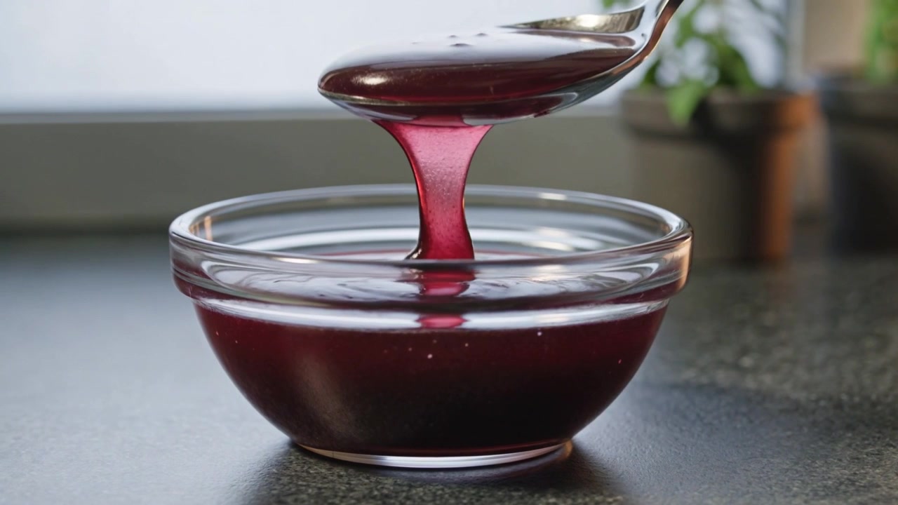 Mano che solleva un cucchiaio con sciroppo viola scuro da una ciotola sul bancone della cucina vicino alla finestra, mostrando il flusso.