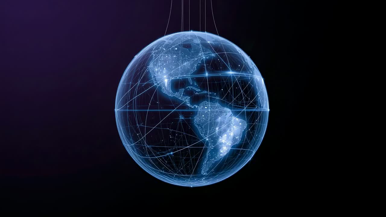 Signal starting holographic globe rotating eastward in virtual studio, revealing pulsing nodes