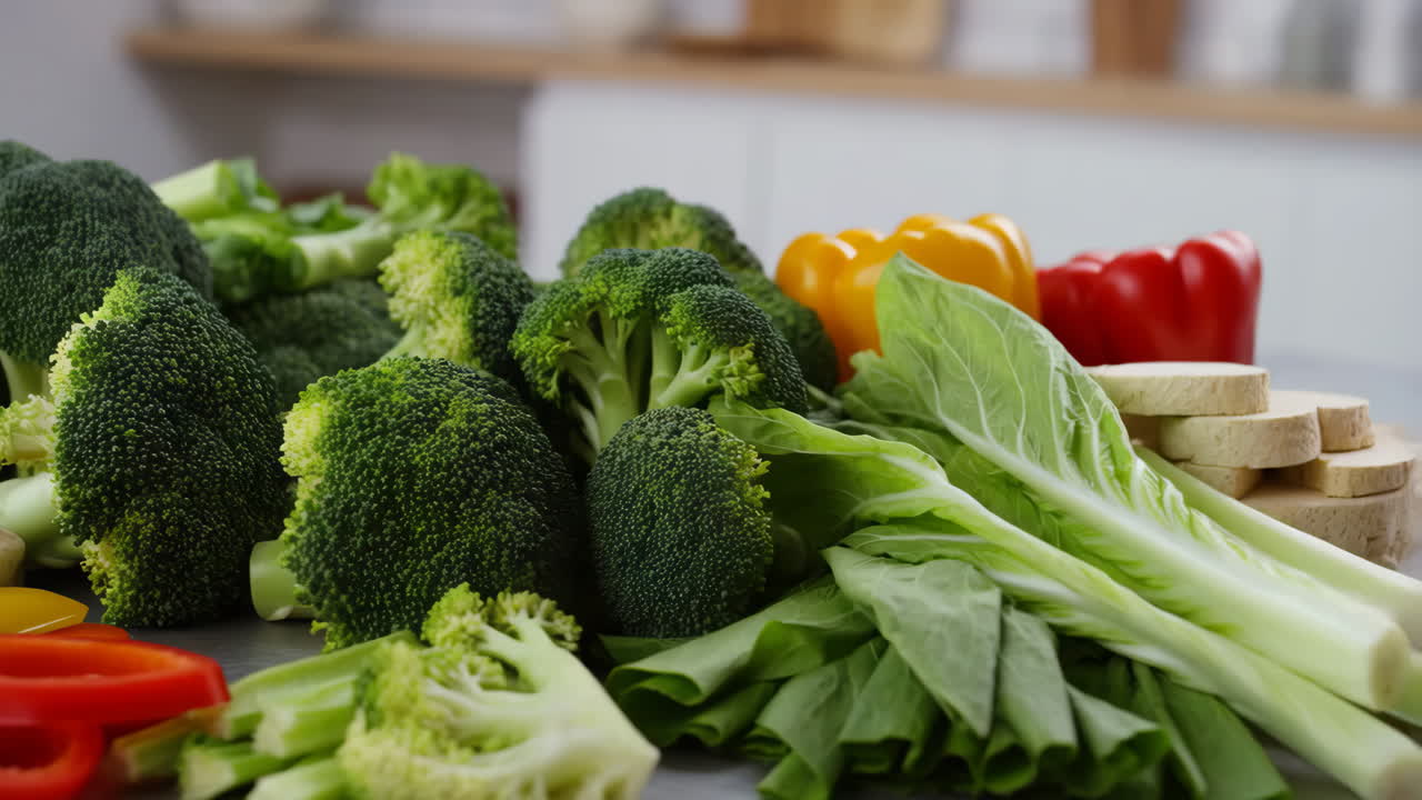 Assortment of Fresh Raw Vegetables including Broccoli and Bell Peppers