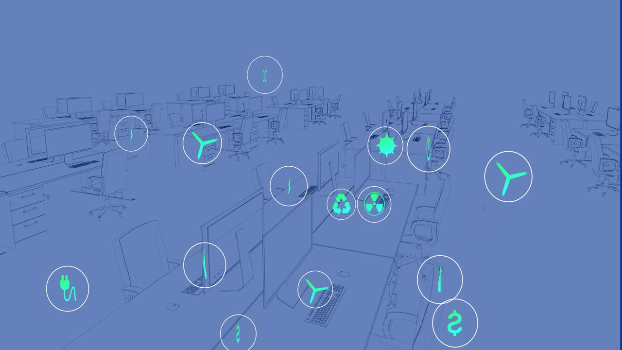 Animation of sustainable energy icons over 3d model of digital workspace in office