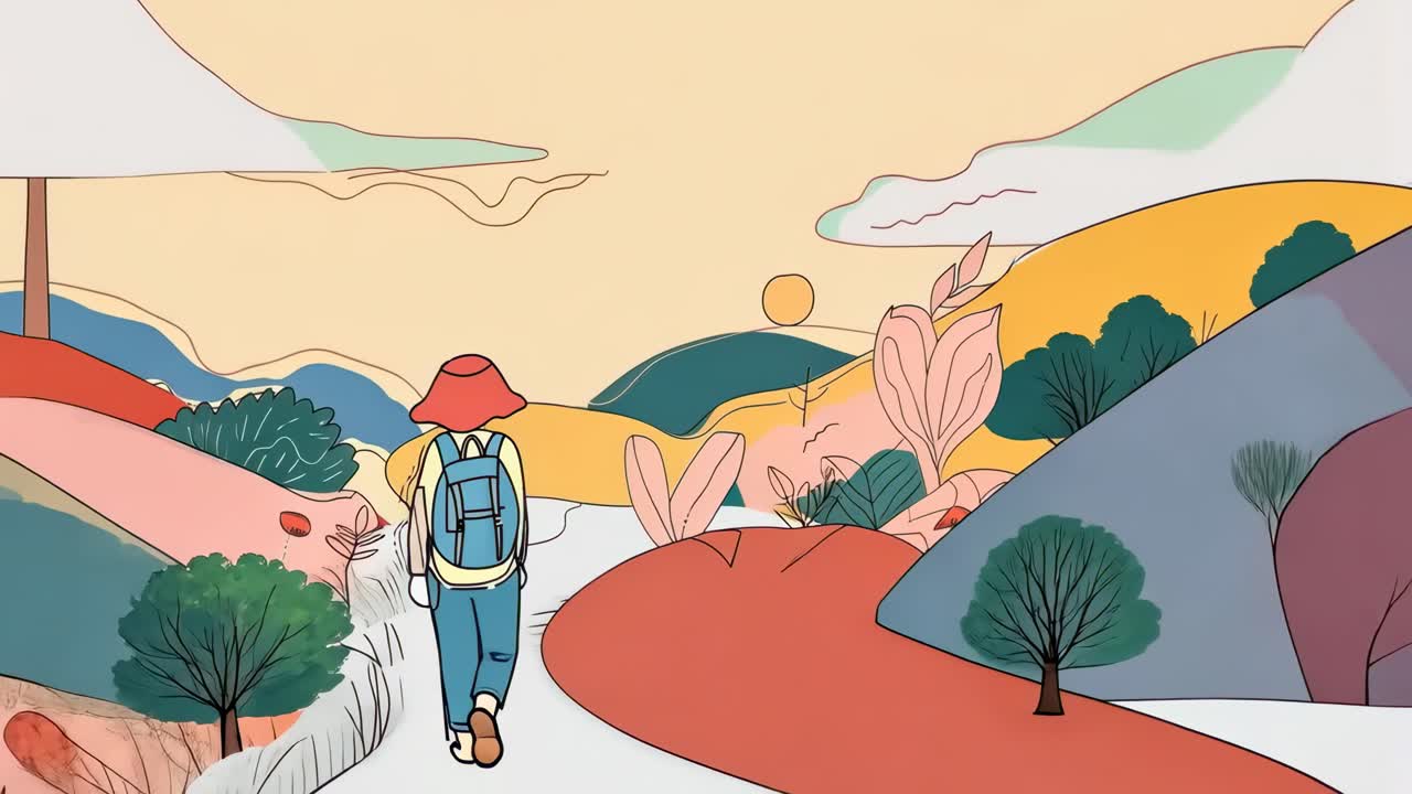 異想天開的影片插畫：一位旅人在色彩豐富的風景中，從低角度背面視角呈現。