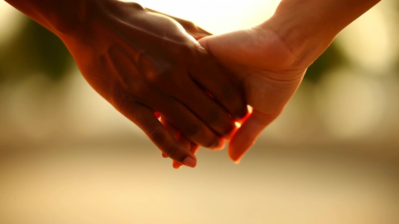 Fingers gradually meet and curl into a gentle hold as two hands come together, illuminated from behind by warm sunlight with soft highlights and a defocused background.