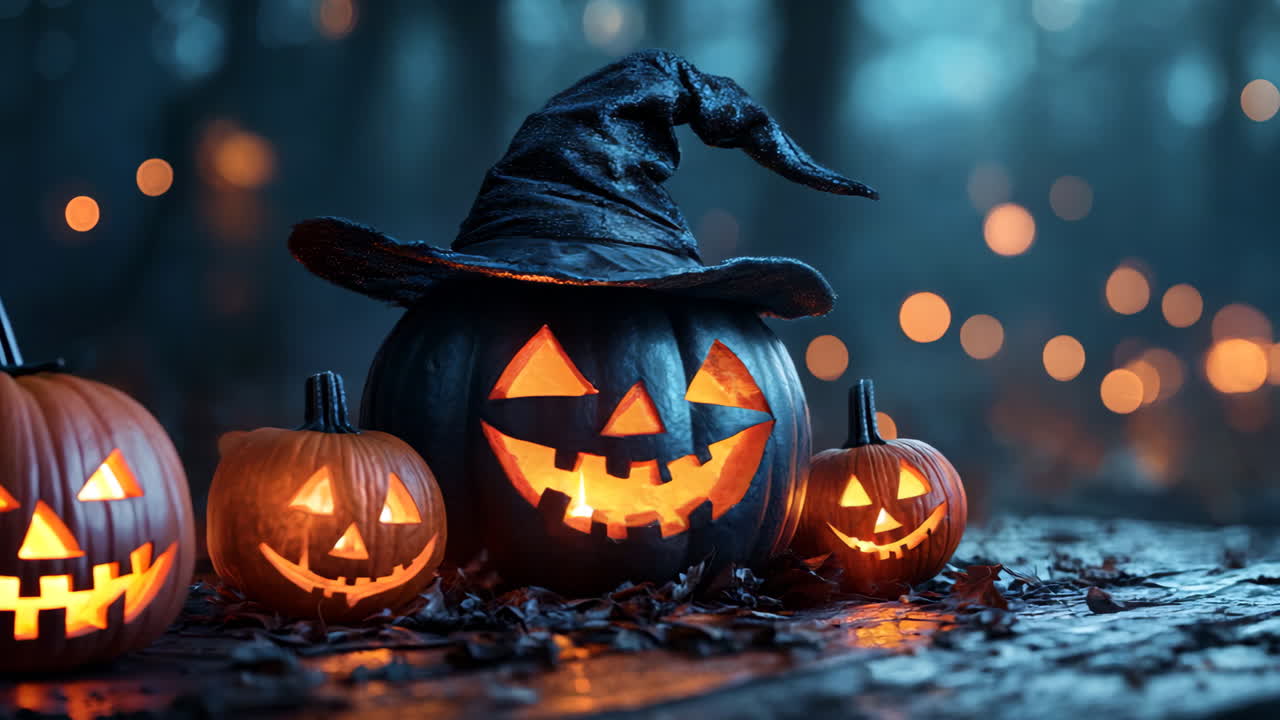 A black witch's hat sits on a table with three pumpkins, all of which have glowing eyes. The scene is set in a dark, spooky forest, with the hat and pumpkins creating an eerie atmosphere