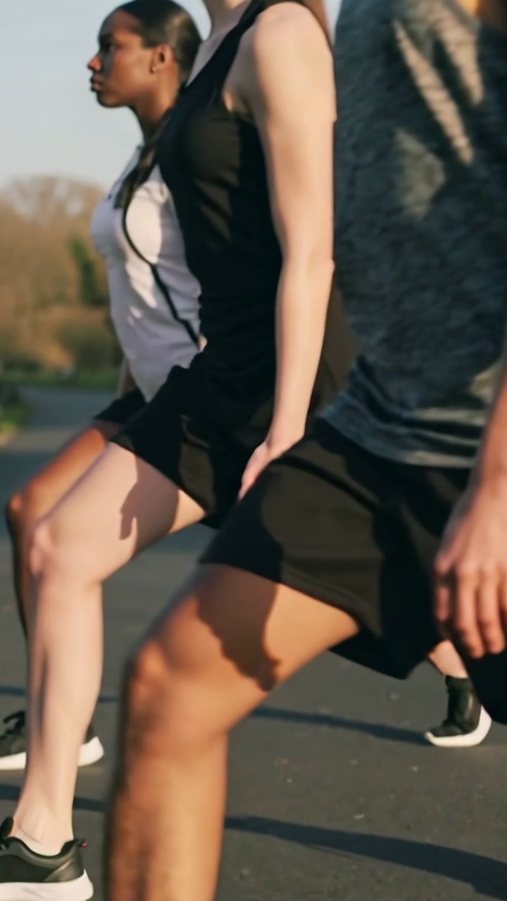 Vertical video: Lunging, three adults moving in sync on park path, wearing tanks, shorts, sneakers