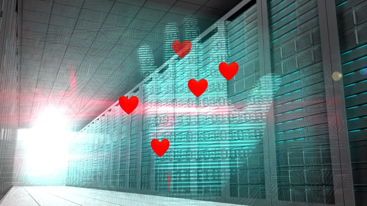 animación de iconos de corazón y mano y placa de circuitos de computadora sobre la sala del servidor