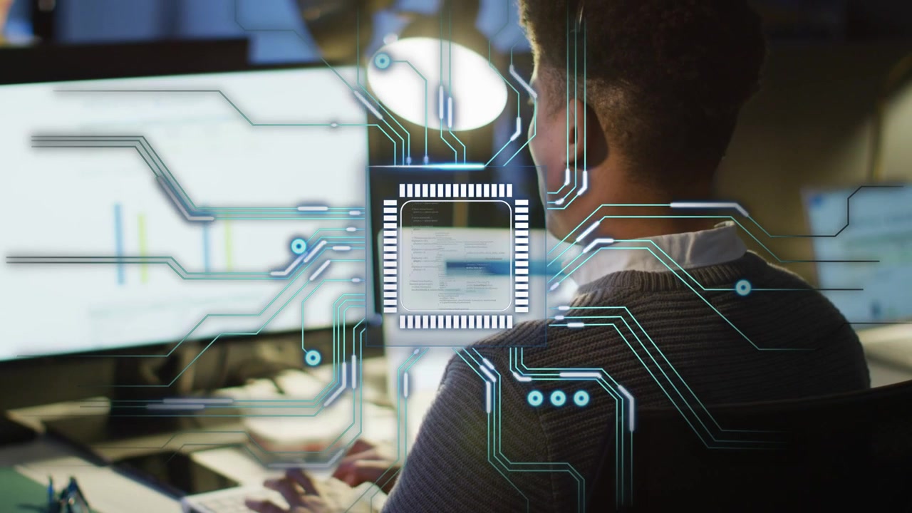 Tech analyst typing, initiating microchip overlay over back, analyzing charts as circuits radiating