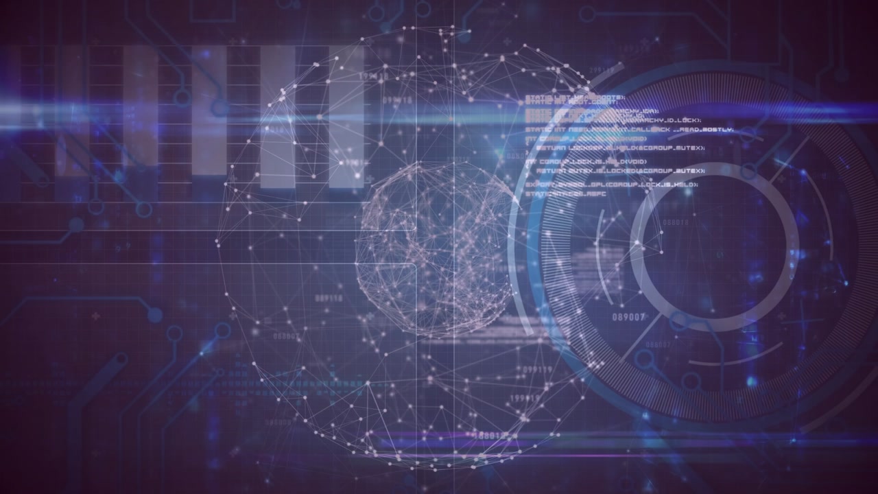 Animation of connections and data processing on digital screen with globe