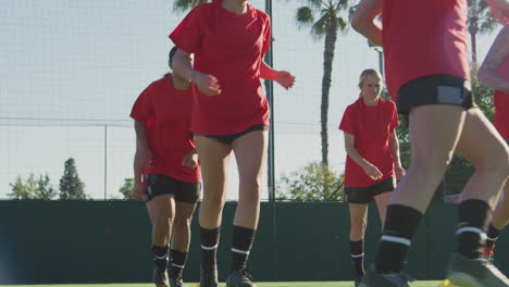 female soccer team warming up during training before match against flaring sun