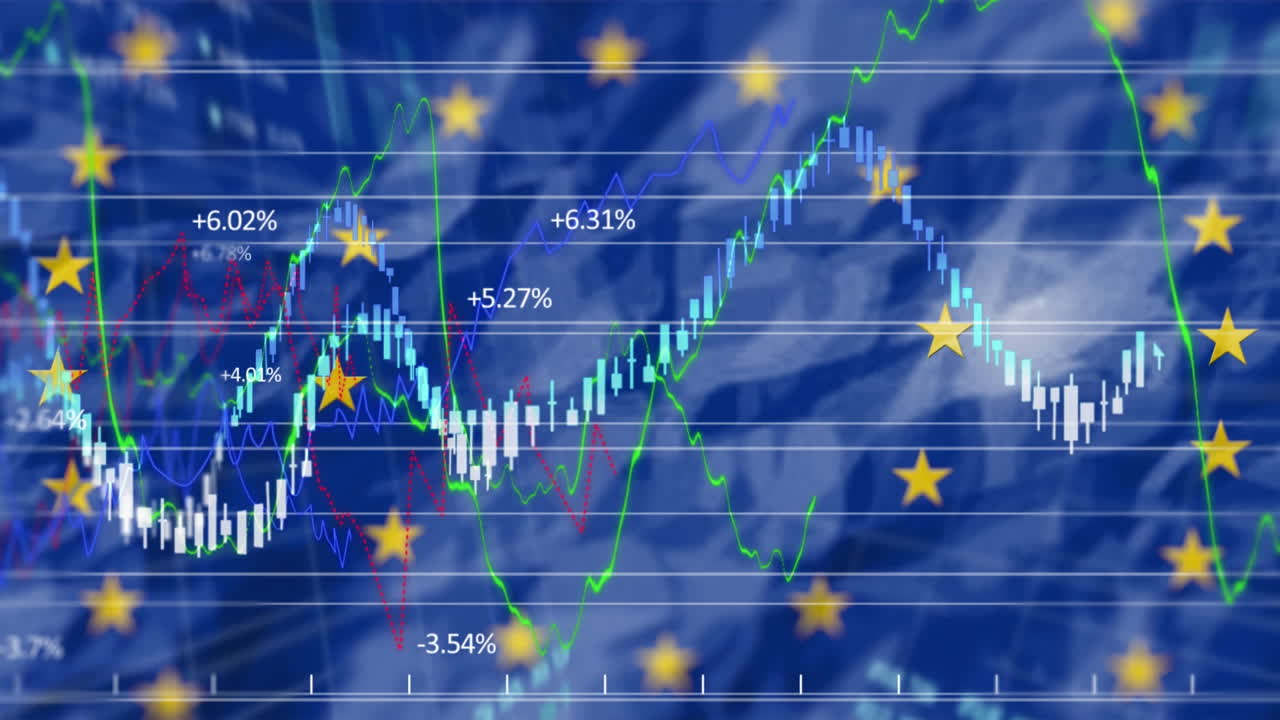 노란색 별들이 파란색 배경에 금융 데이터 처리를 돌고 있습니다.