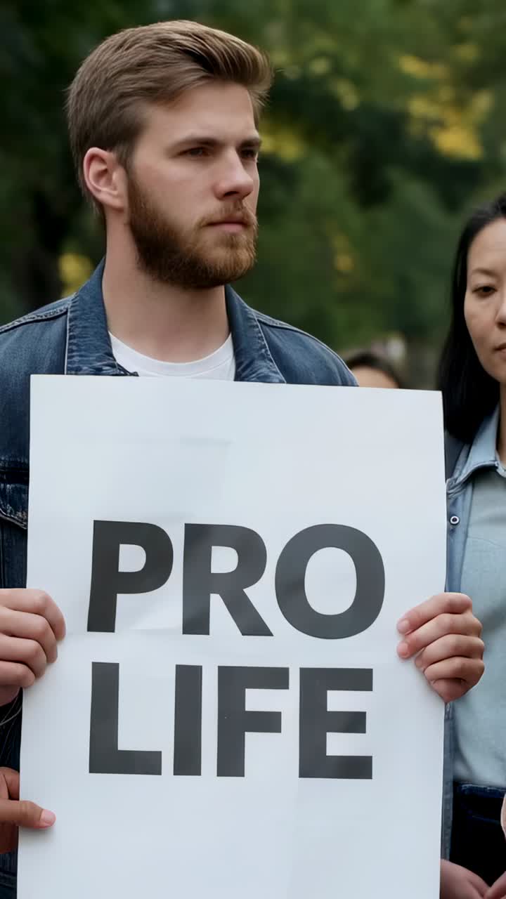 Video verticale: cambio di camera, uomo che indossa una giacca di jeans e tiene in mano un poster con la scritta PRO LIFE a un raduno