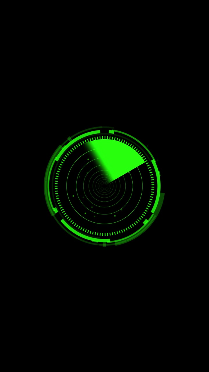 Sfondo verde di scanner radar HUD con anelli di mira circolari, raggio di ricerca a scansione e tracciamento punteggiato.