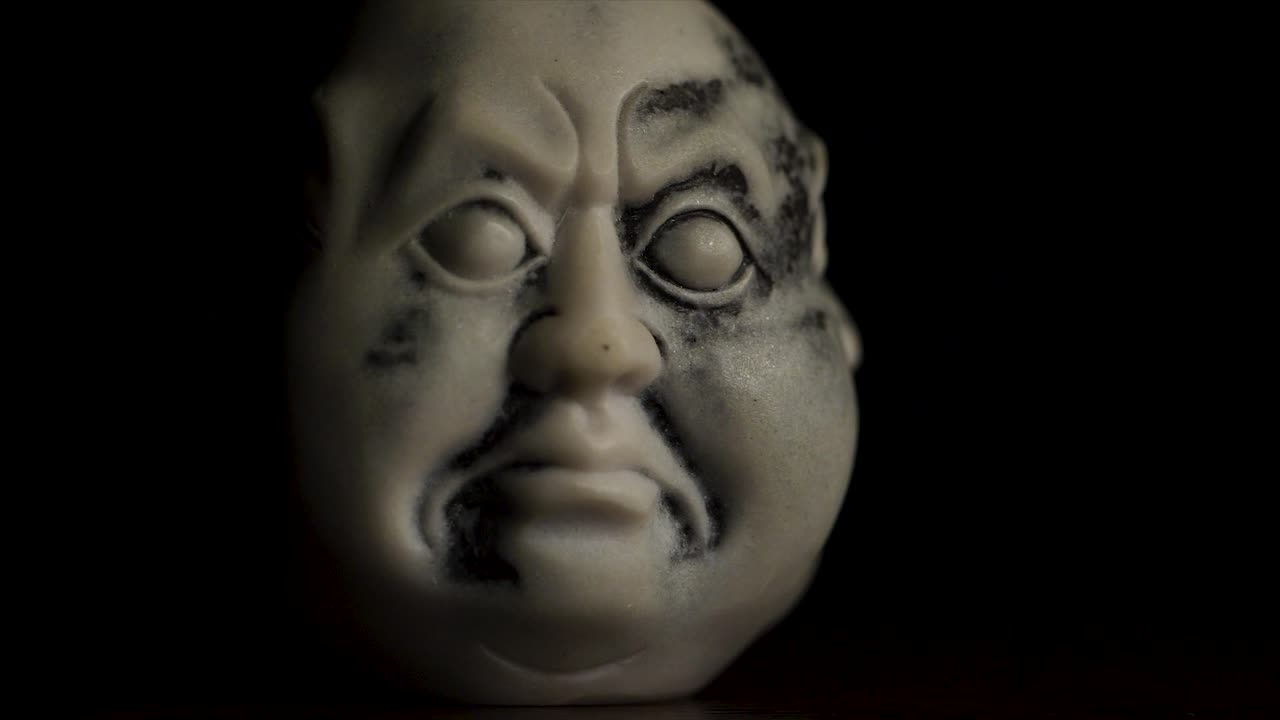 Primo piano di una scultura di testa giapponese stilizzata