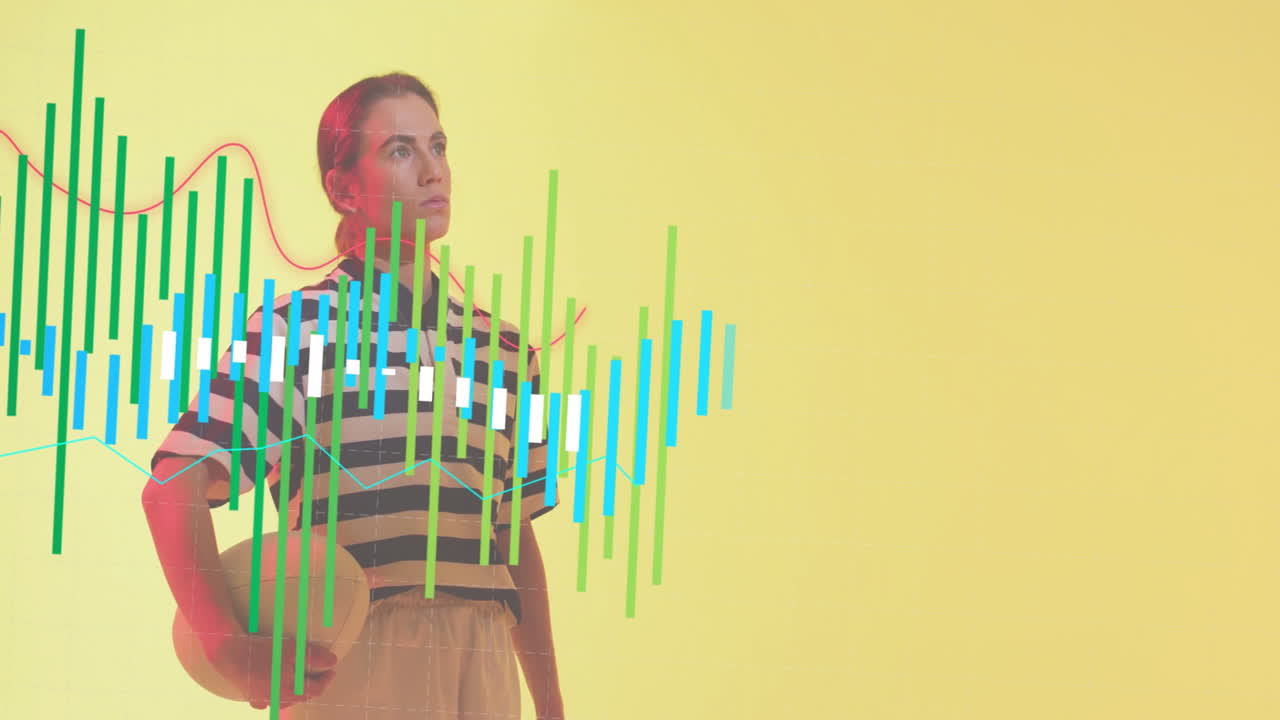 Holding basketball, person with colorful animation overlay on yellow background