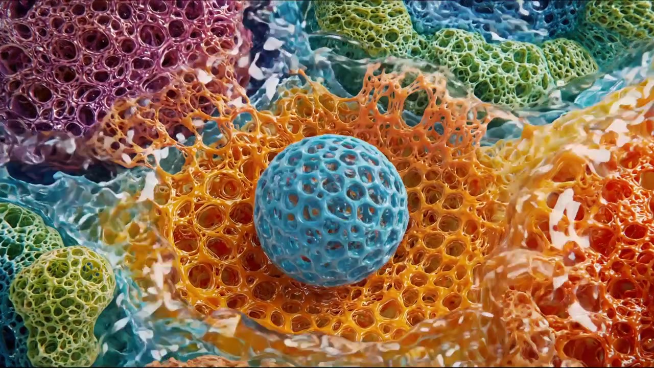 Vibrant microscopic cell structures arranged in a colorful biological scene