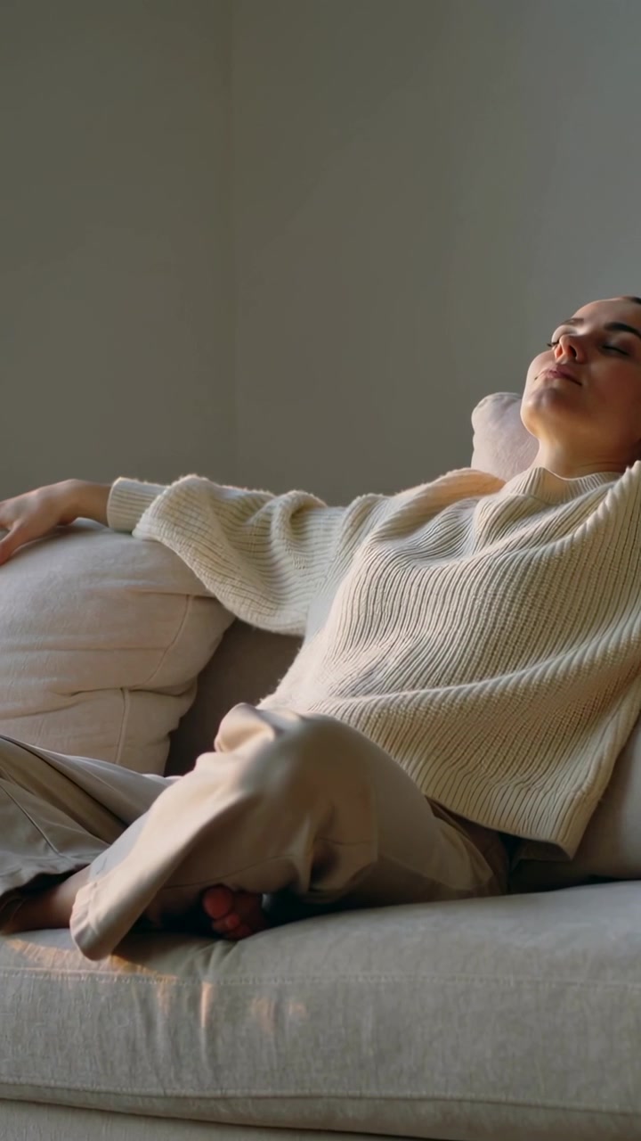 Video verticale: Donna appoggiata che riposa mentre il sole si sposta sul divano con cuscino e maglione, con spazio per il testo.