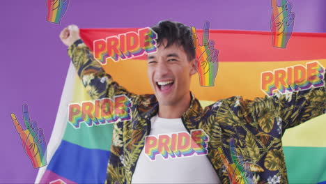 sosteniendo una bandera arco iris y sonriendo, persona celebrando el orgullo con animación