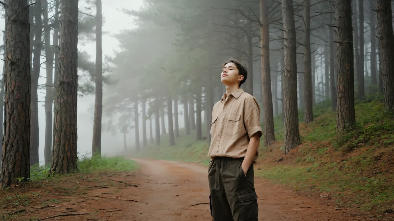 Young hiker breathing fresh air in a foggy forest during a hiking trip, enjoying the peace and quiet of nature while standing on a dirt road