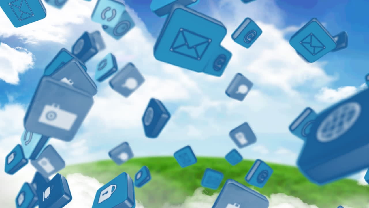 Animation of digital online icons floating over field