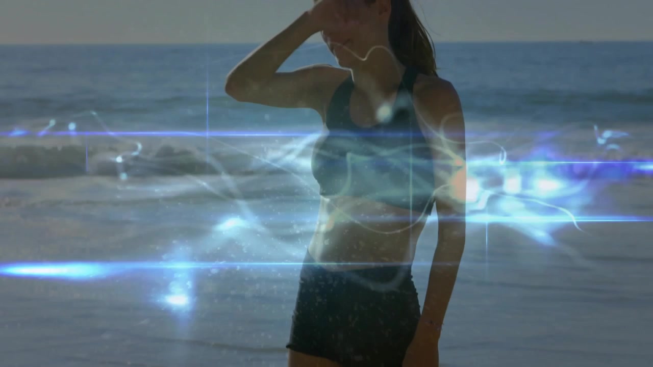 Woman rubbing eyes from sun on beach, glowing blue band sweeping across core showing health data