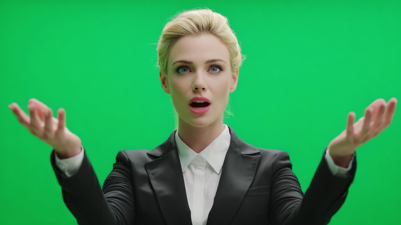 A Confident Professional with Outstretched Arms Against a Green Screen, Engaging and Inviting Interaction in a Dynamic Visual Presentation