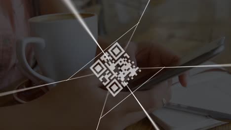 QR-code-scanner-and-network-of-connections-against-mid-section-of-woman-using-smartphone