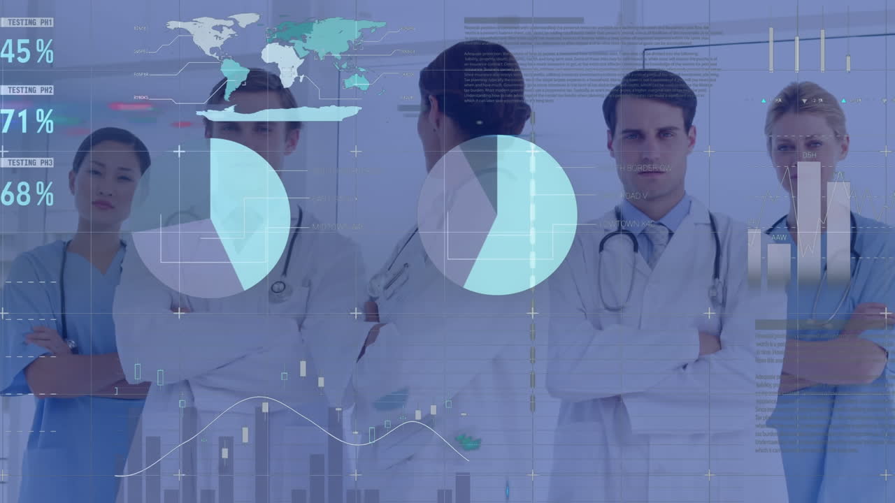 Animação de processamento de dados sobre diversos médicos e profissionais de saúde reunidos no hospital