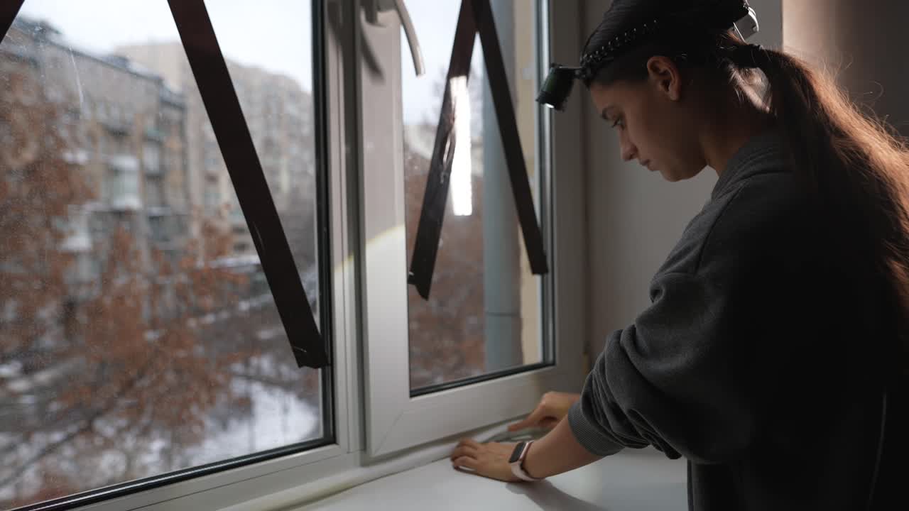 창문 봉인 을 설치 하는 여자