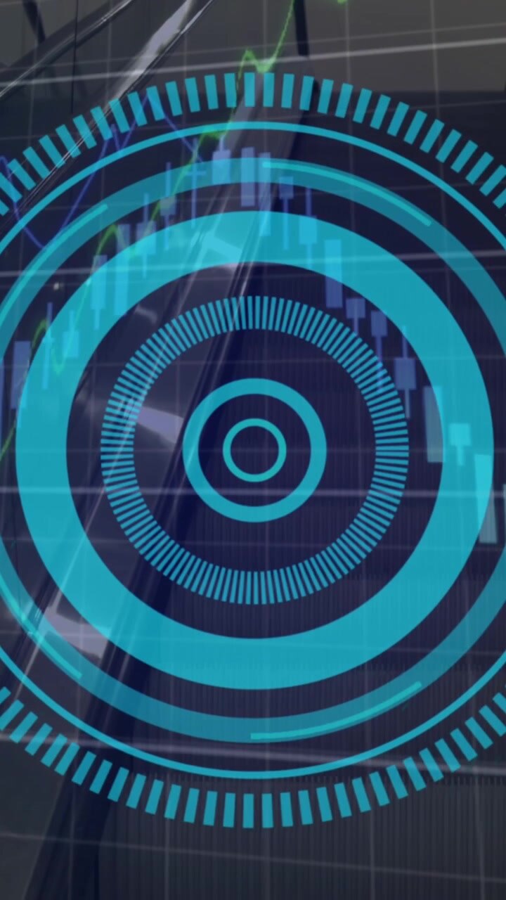 Animation of financial data processing and scope scanning over escalator