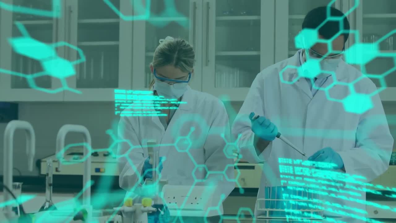 animación del procesamiento de datos médicos sobre diversos científicos masculinos y femeninos que trabajan en el laboratorio