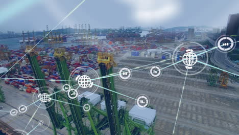 animation of network of connections with globe icons over shipyard