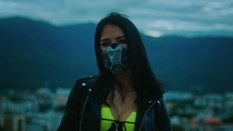 cyberpunk woman on rooftop