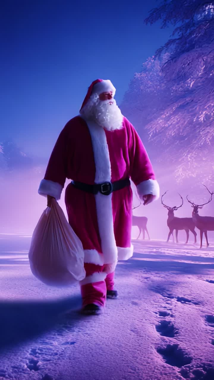 A Magical Moment in Winter: A Cheerful Santa Claus Walking Through a Snowy Landscape with His Bag of Gifts, Surrounded by Majestic Reindeer in a Peaceful, Enchanted Forest Setting
