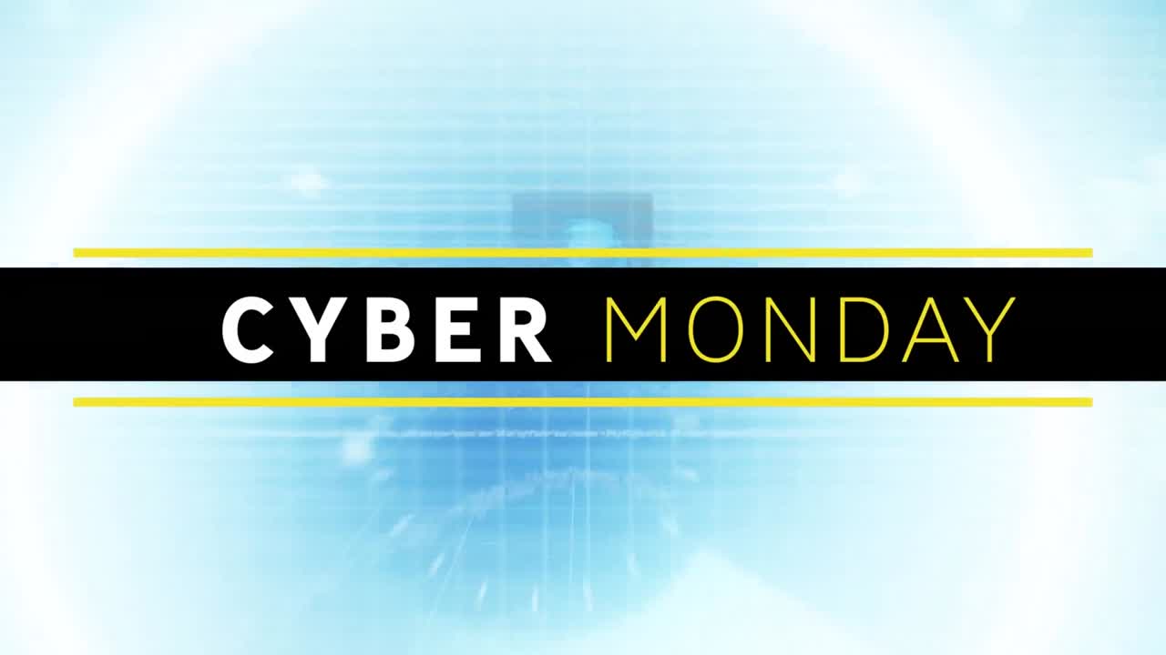 animación digital del banner de texto de cyber monday contra múltiples escáneres redondos y procesamiento de datos