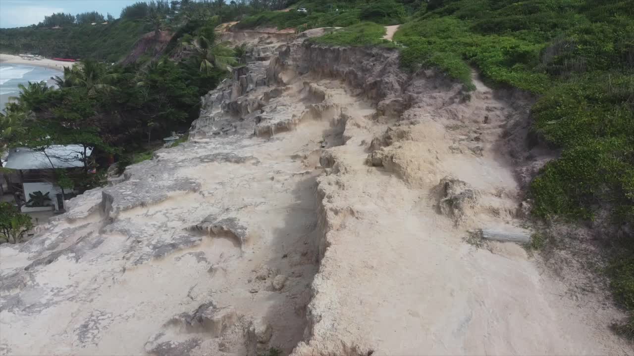 Panoramica che segue la scogliera frastagliata per una vista aerea della spiaggia in Brasile.